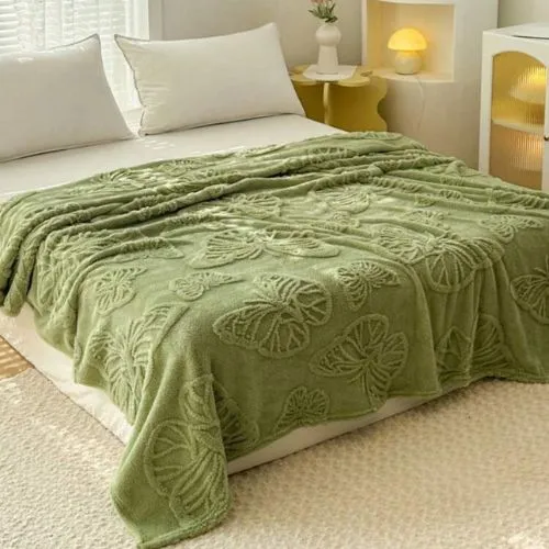 3D Imitation Butterfly Fleece Soft Blanket, Green color.