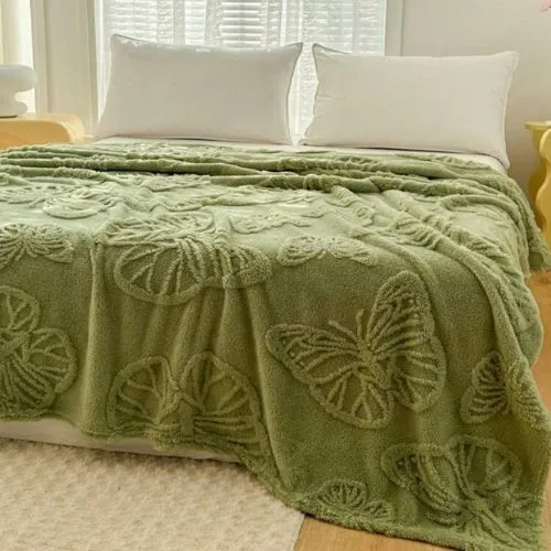 3D Imitation Butterfly Fleece Soft Blanket, Green color.