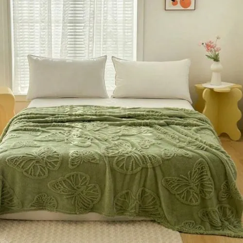 3D Imitation Butterfly Fleece Soft Blanket, Green color.