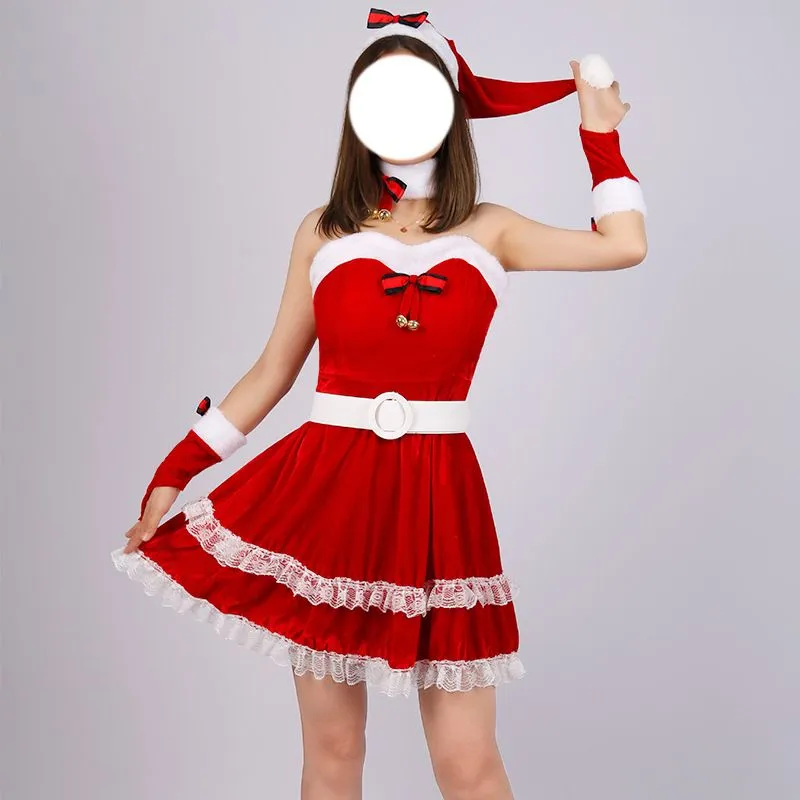 4 Pcs Santa Claus Costume Women Christmas Suit Including Velvet Dress with Hat