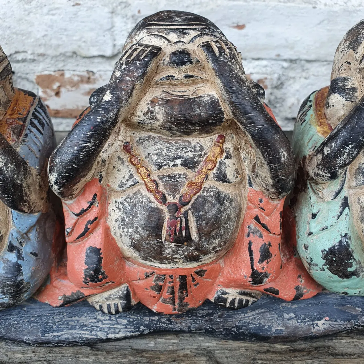 Antique Carved Wooden "See/Speak/Hear No Evil" Buddhas