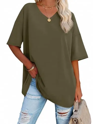 ATHMILE Womens Oversized T Shirts V Neck Tees Half Sleeve Cozy Comfy Tunic 2024 Y2K Tops Casual White