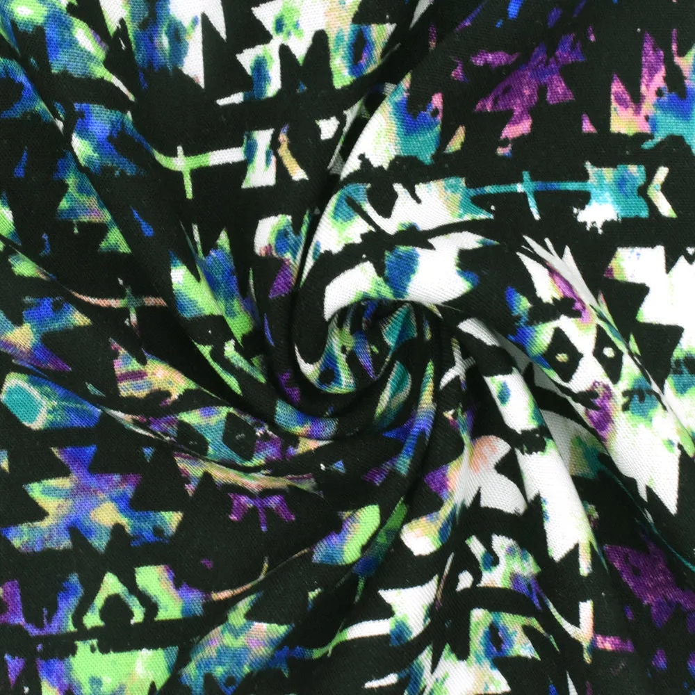 Black-Green-Multi Aztec Tie Dye Printed Rayon Challis Woven Fabric