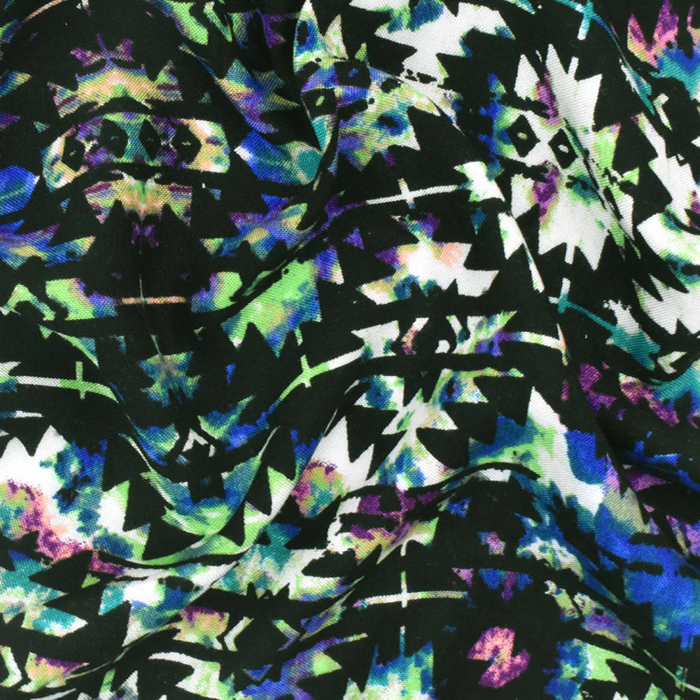 Black-Green-Multi Aztec Tie Dye Printed Rayon Challis Woven Fabric