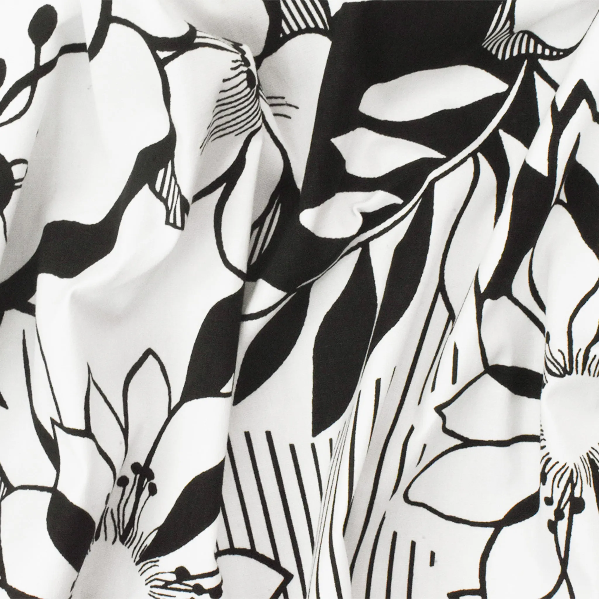 Black-White Floral Printed Stretch Cotton Spandex Poplin Woven Fabric