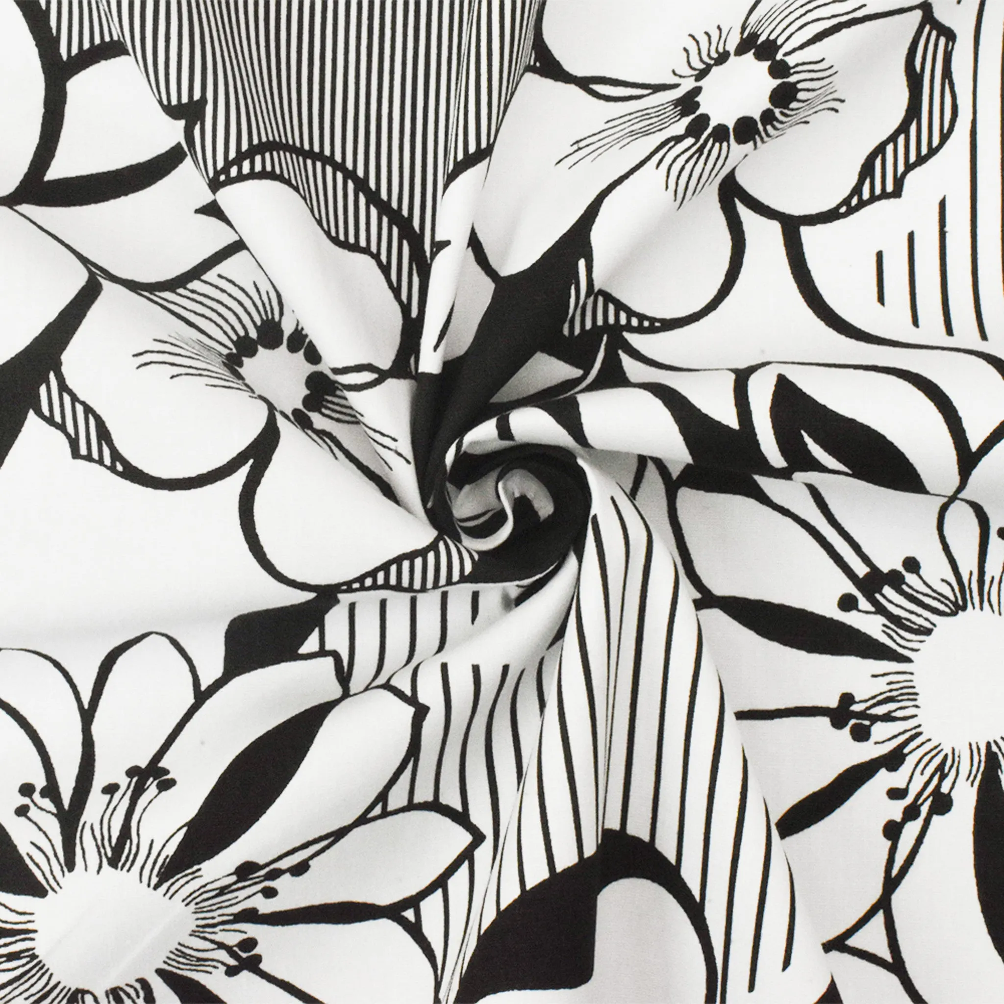 Black-White Floral Printed Stretch Cotton Spandex Poplin Woven Fabric