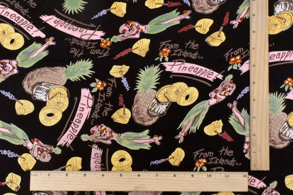 Black-Yellow-Multi Hawaii Vibes Printed Rayon Crepe Faille Woven Fabric