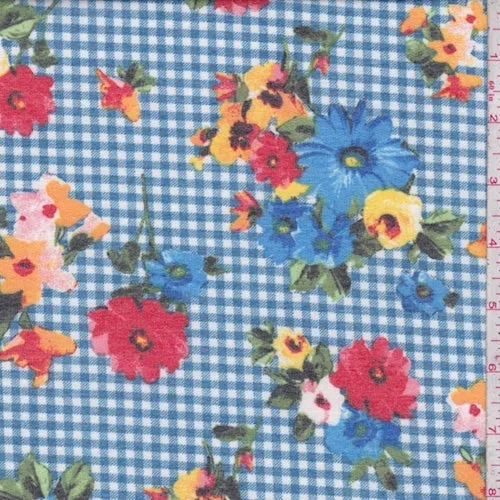 Blue Gingham Floral Baby French Terry Knit Fabric