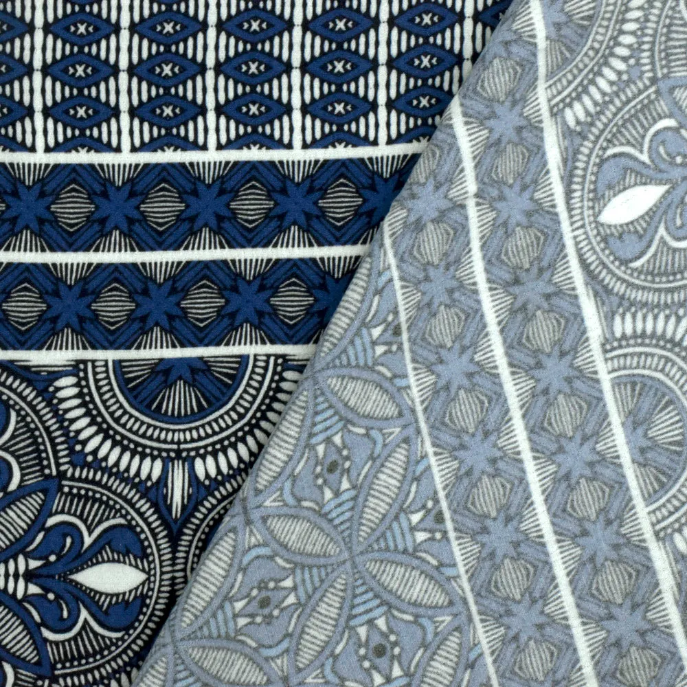 Blue-Ivory-Navy Famous Designer Moroccan Print Rayon Crepe Faille Fabric