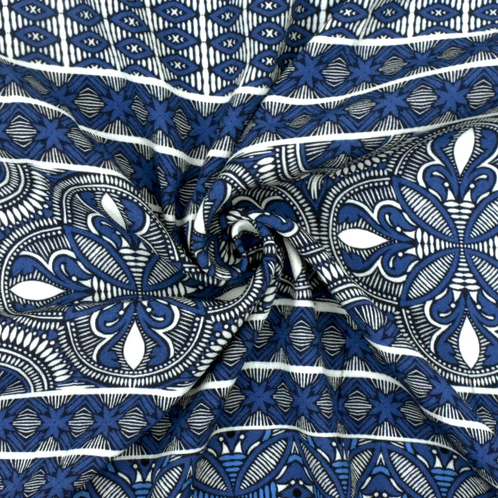 Blue-Ivory-Navy Famous Designer Moroccan Print Rayon Crepe Faille Fabric