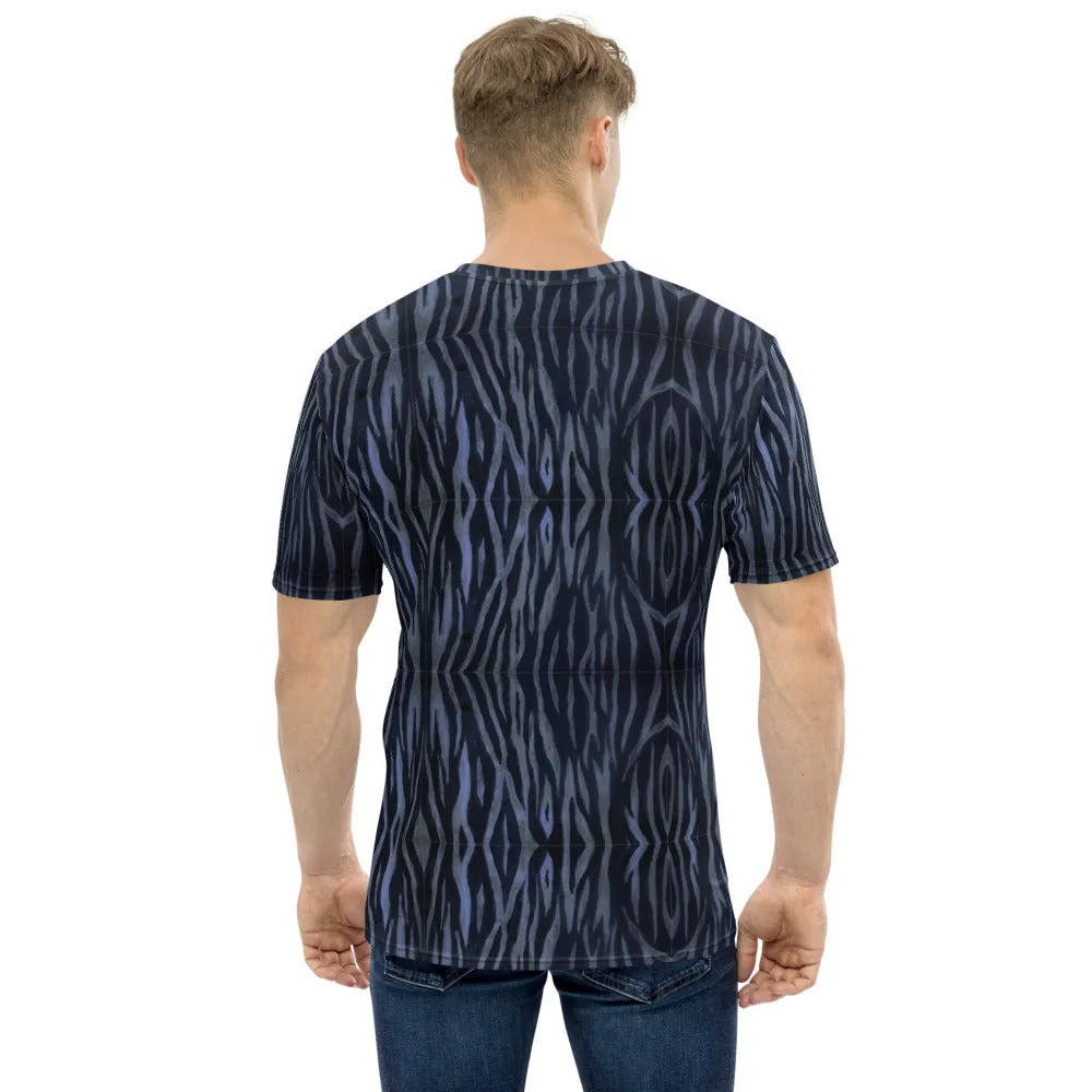 Blue Tiger Striped Men's T-Shirt, Animal Print Best Tee - Made in USA/EU/MX (US Size: XS-2XL)