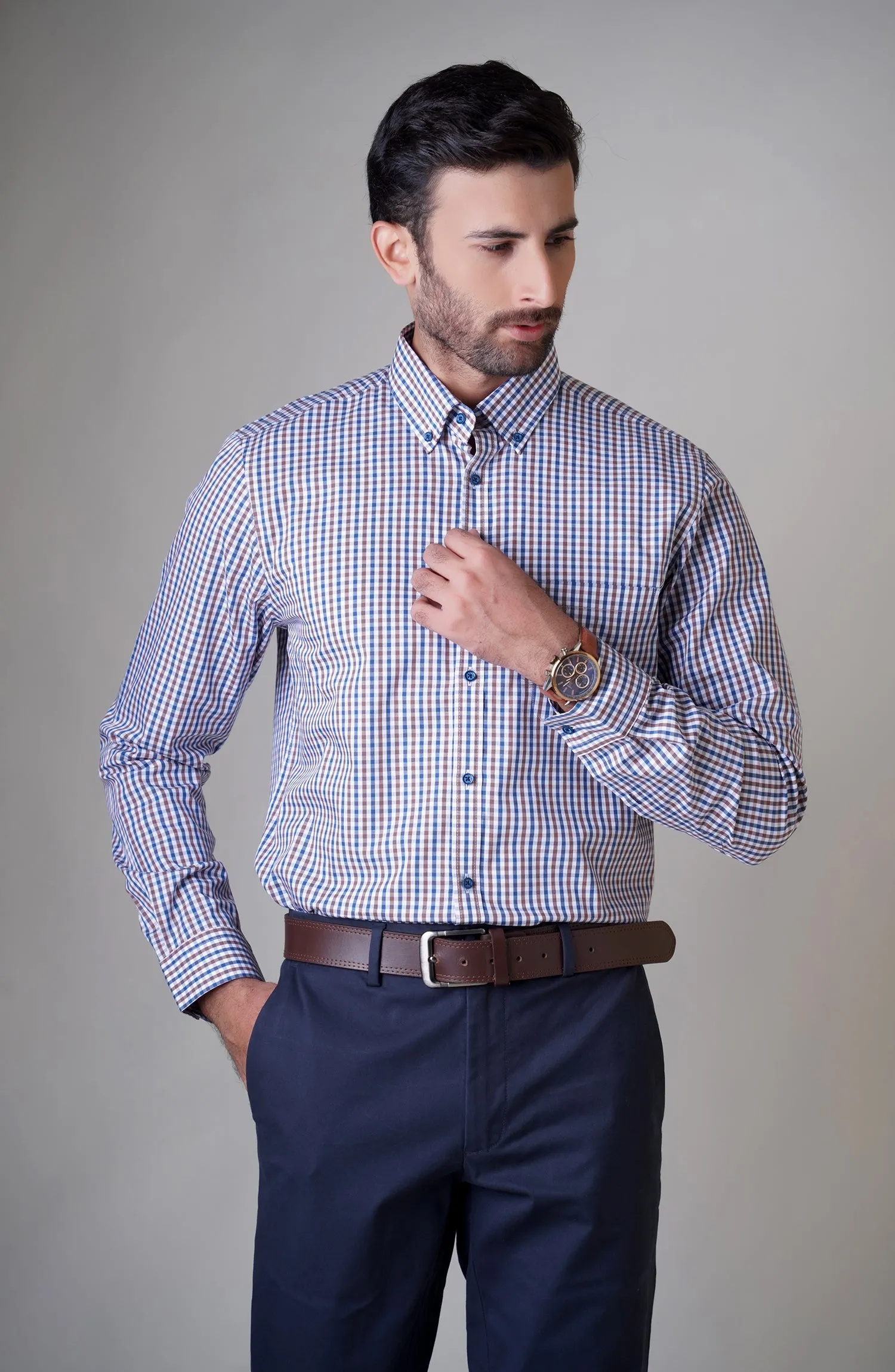 Blue/Brown Full Sleeves Cotton Shirt