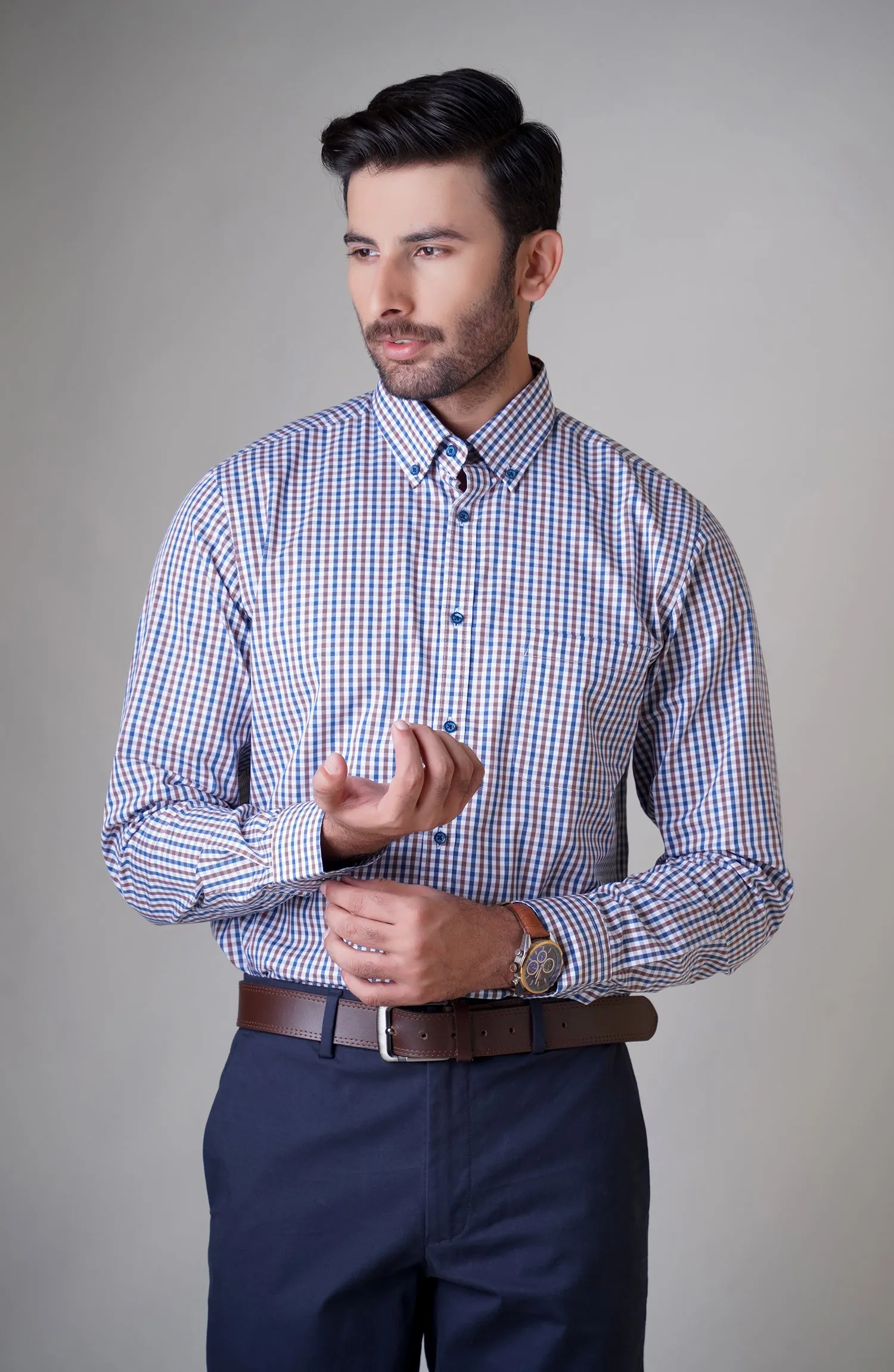 Blue/Brown Full Sleeves Cotton Shirt