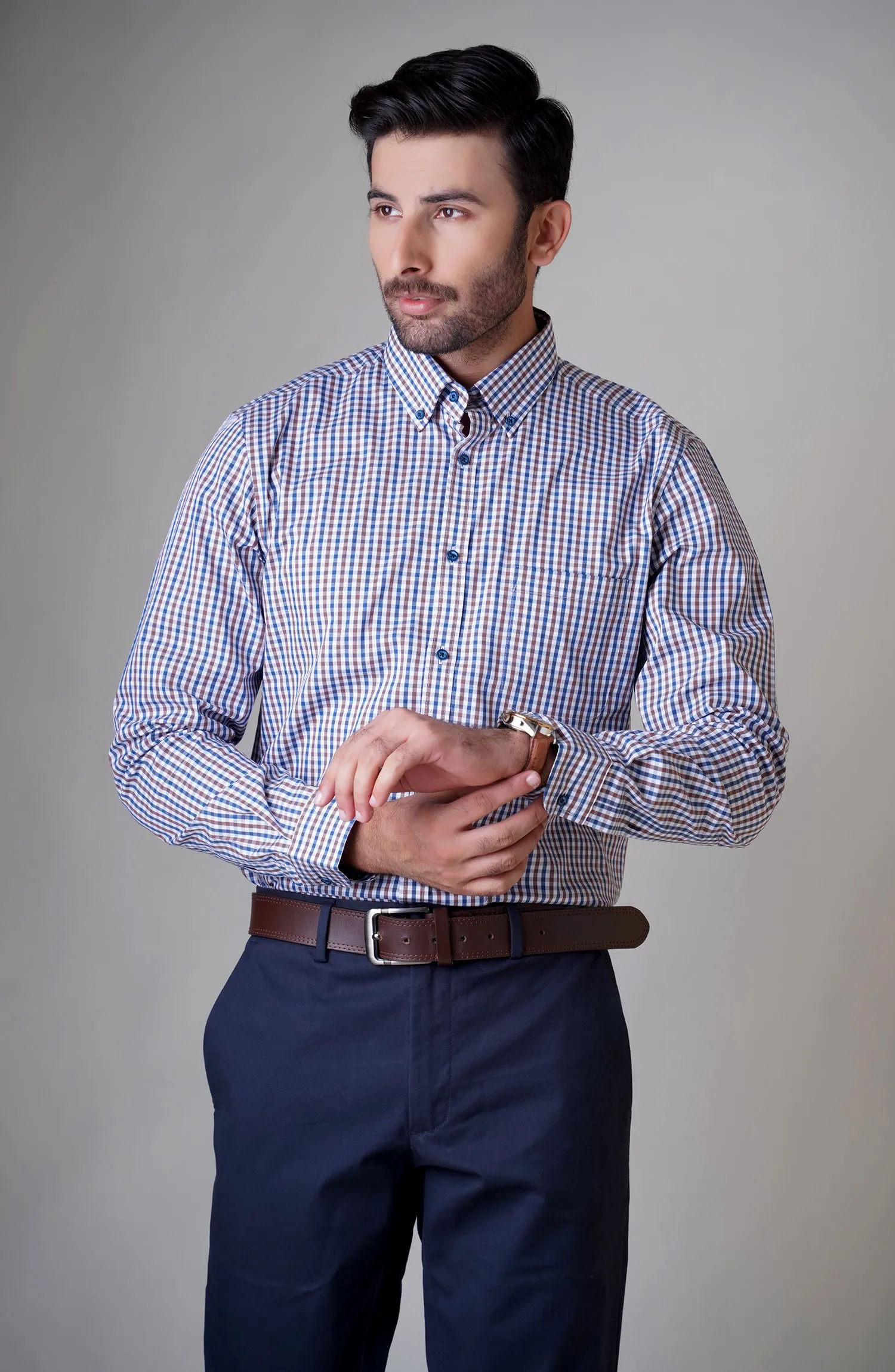 Blue/Brown Full Sleeves Cotton Shirt