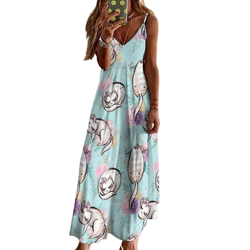 Cats Blue Spaghetti Strap Ankle-Length Dress Long dress