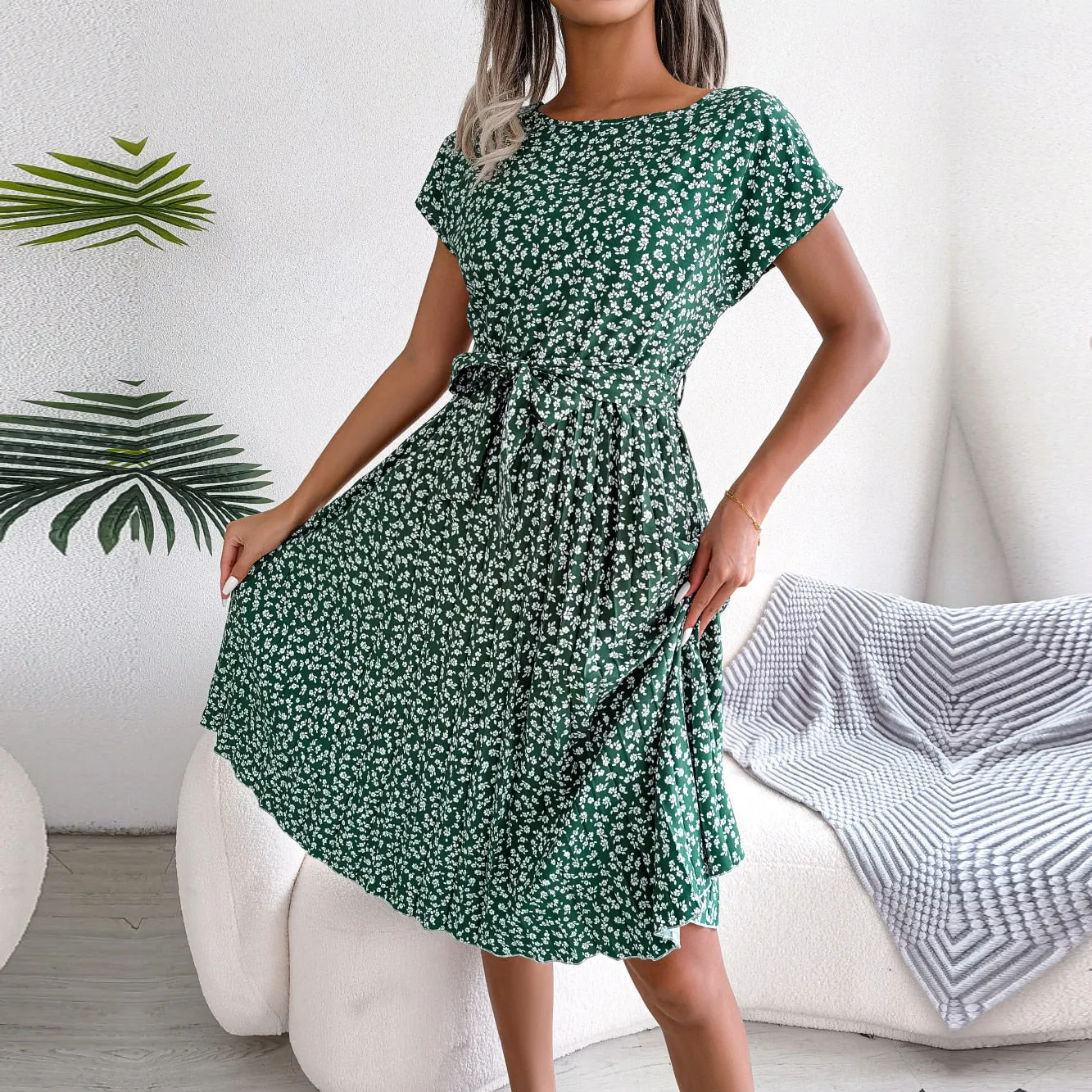 Chic Floral Pleated A Line Long Dress for Spring Summer