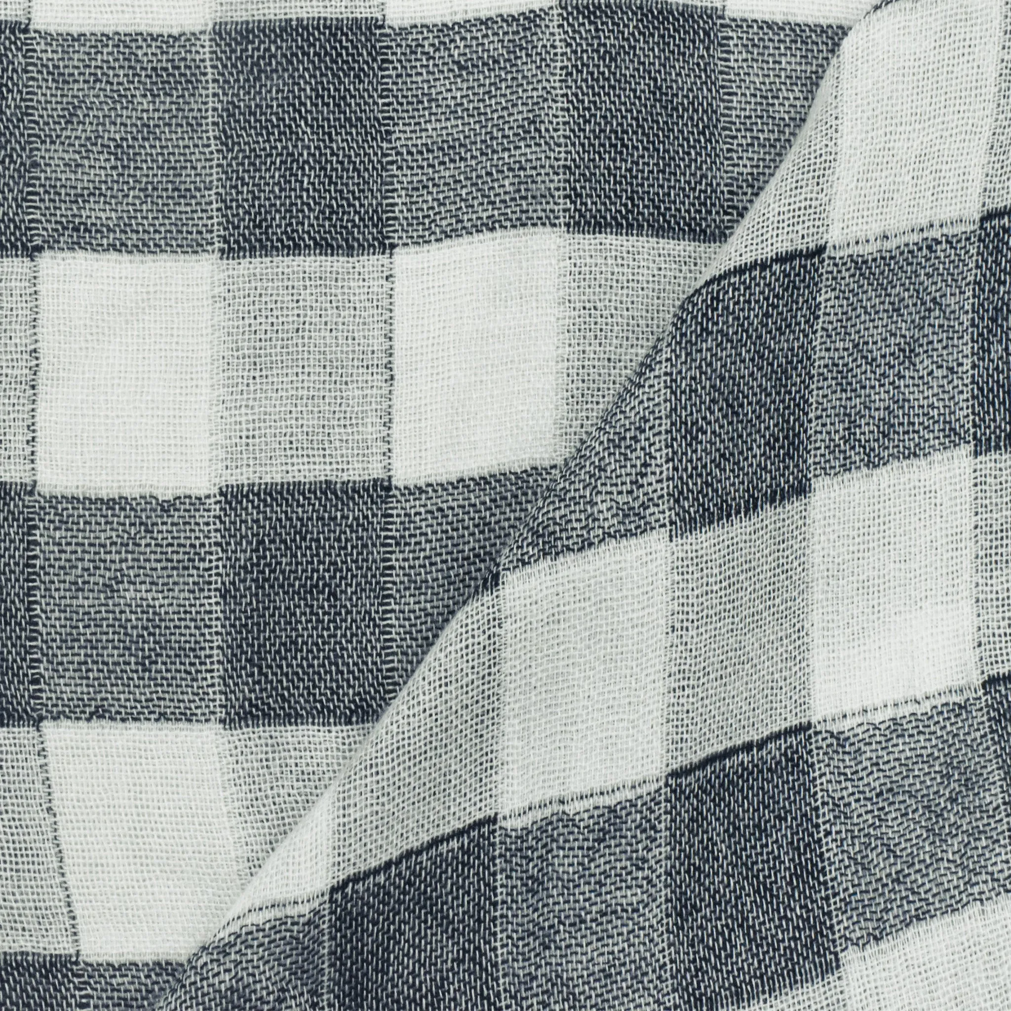 Classic White-Navy Blue Check Rayon-Tencel Double Weave Fabric