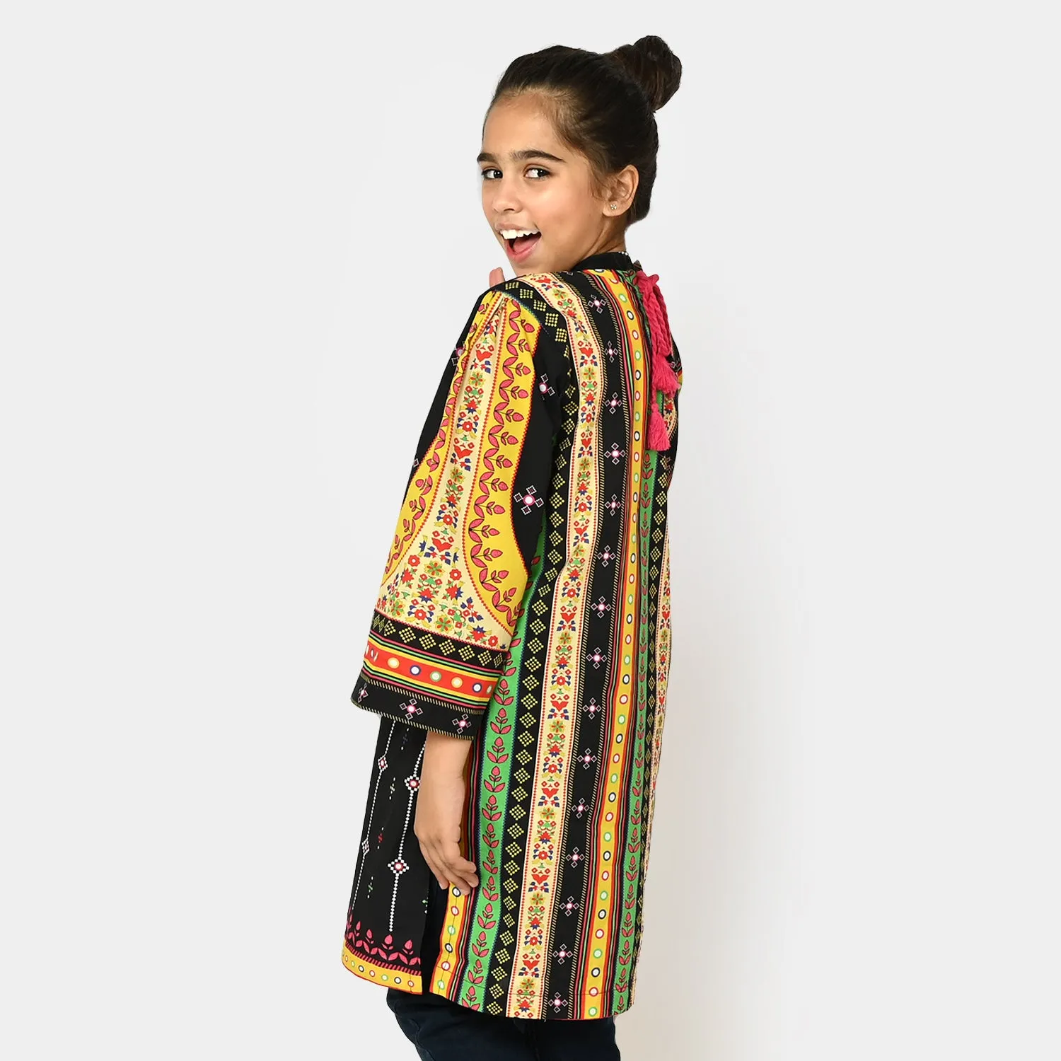 Girls Cotton Digital Print kurti Baloch - BLACK