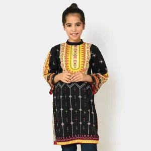 Girls Cotton Digital Print kurti Baloch - BLACK