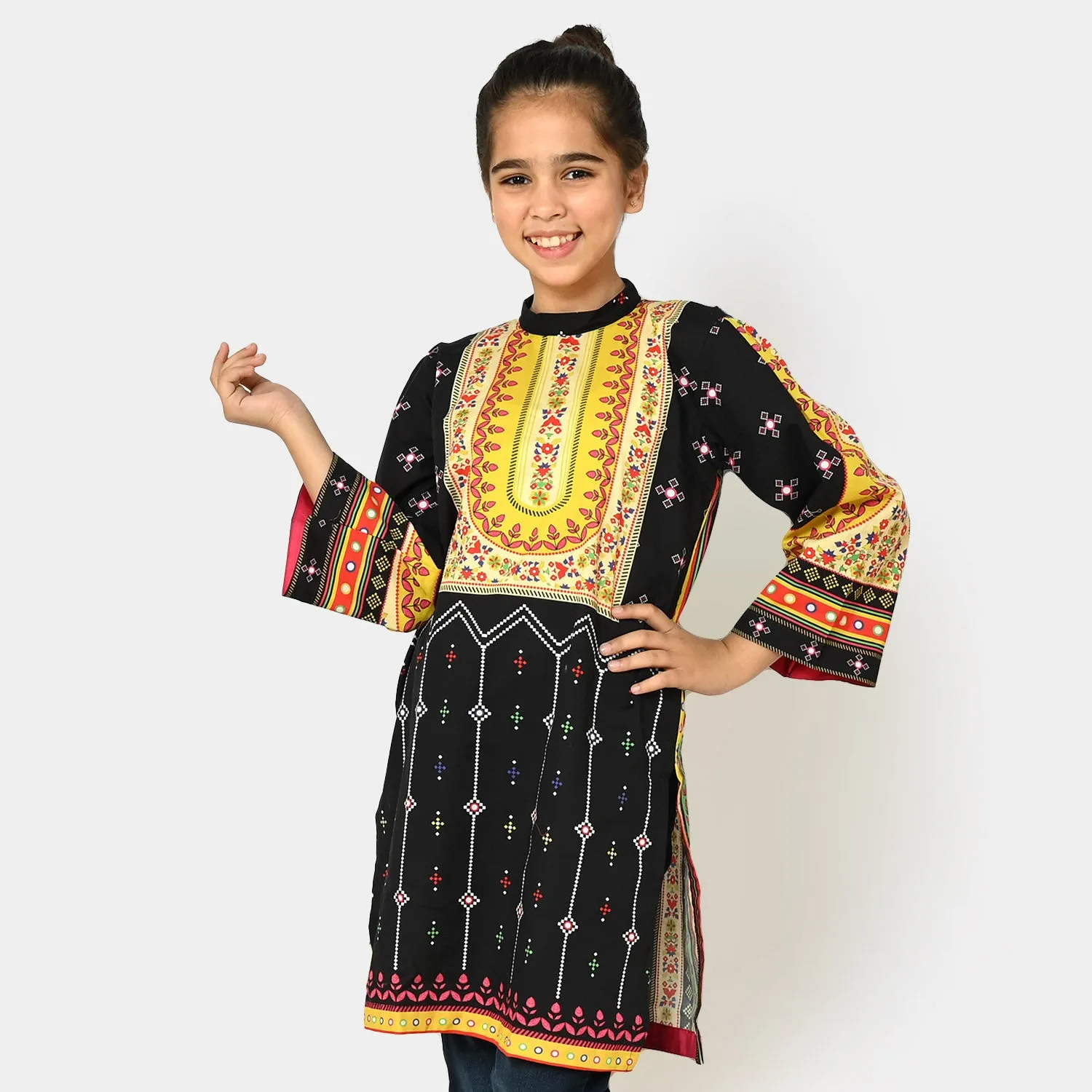 Girls Cotton Digital Print kurti Baloch - BLACK