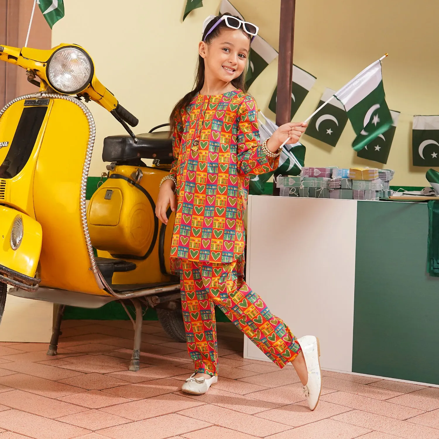 Girls Cotton Poplin IND 2Pcs Suit Dil Dil Pakistan-Multi