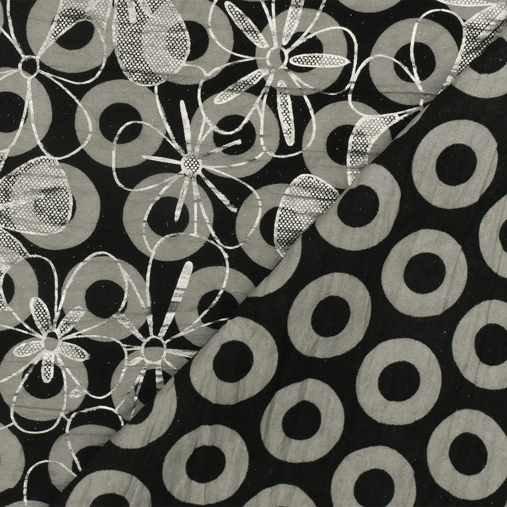 Gray-Silver-Black Floral Foil And Circle Printed Crinkle Poly Woven Fabric