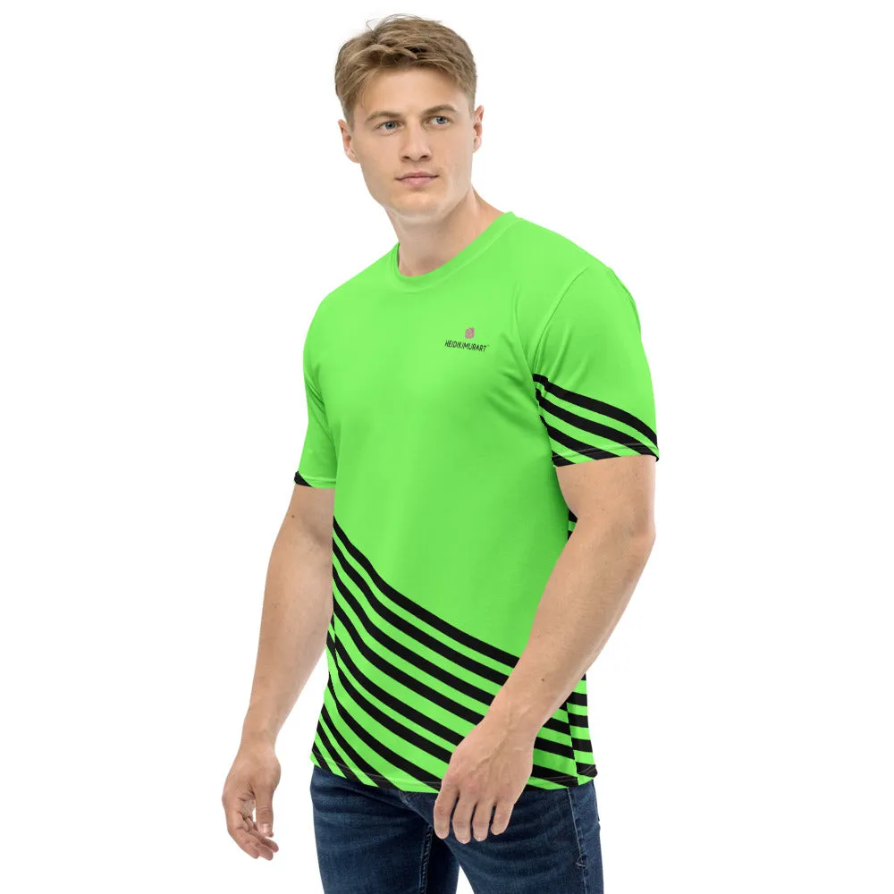 Green Black Striped Men's T-shirt, Premium Luxury Best Graphic Tee For Men-Made in USA/EU/MX