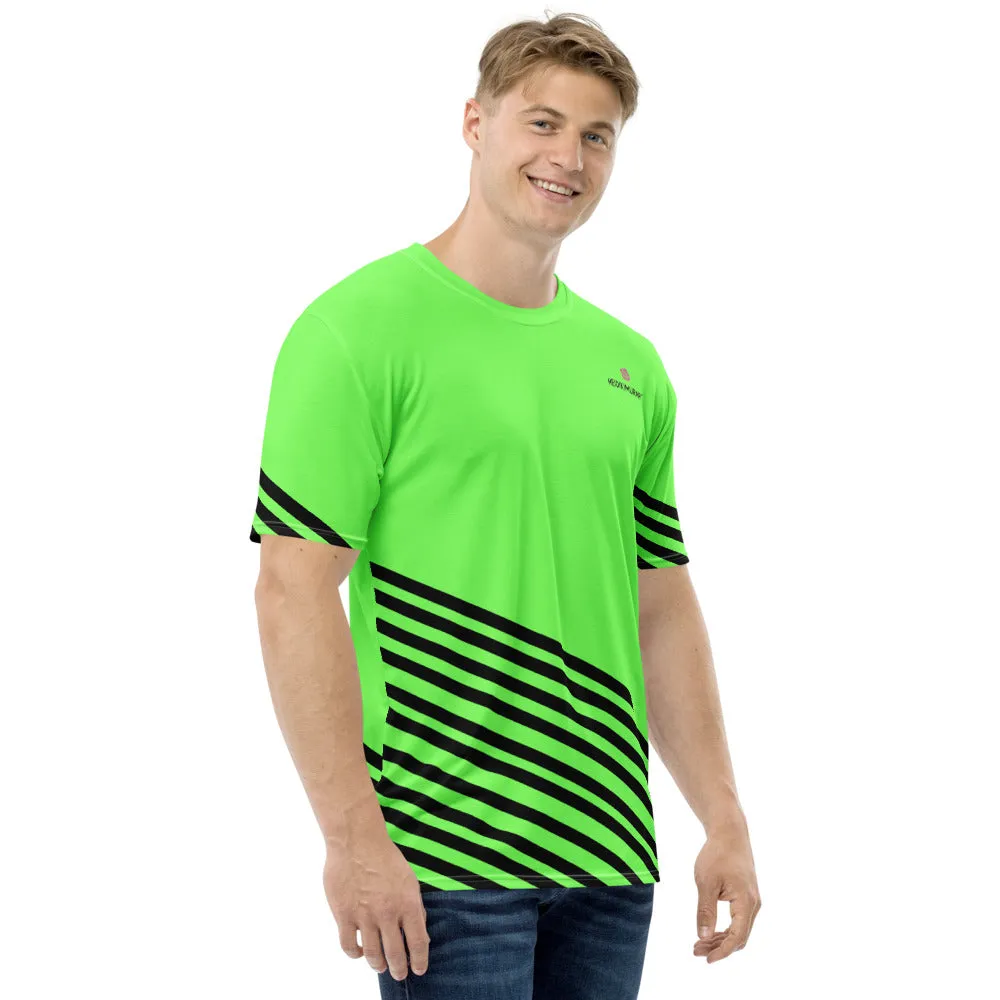 Green Black Striped Men's T-shirt, Premium Luxury Best Graphic Tee For Men-Made in USA/EU/MX