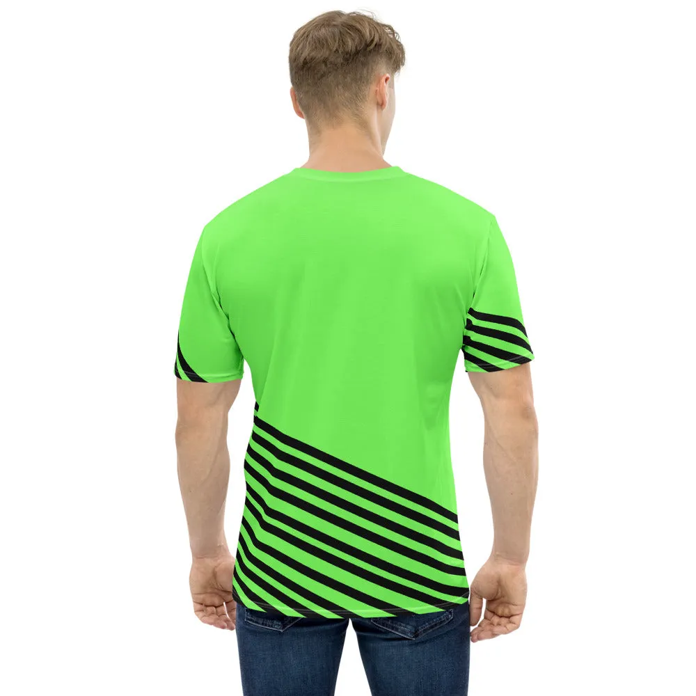 Green Black Striped Men's T-shirt, Premium Luxury Best Graphic Tee For Men-Made in USA/EU/MX