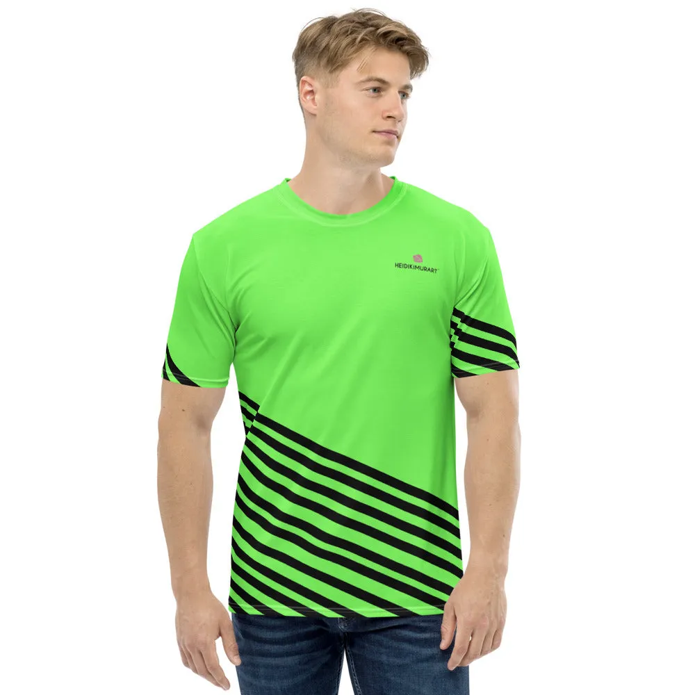 Green Black Striped Men's T-shirt, Premium Luxury Best Graphic Tee For Men-Made in USA/EU/MX