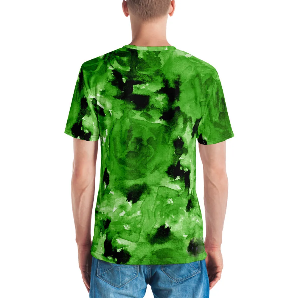 Green Floral Men's T-shirt, Abstract Flower Printed Luxury Tees For Men- Made in USA/EU/MX