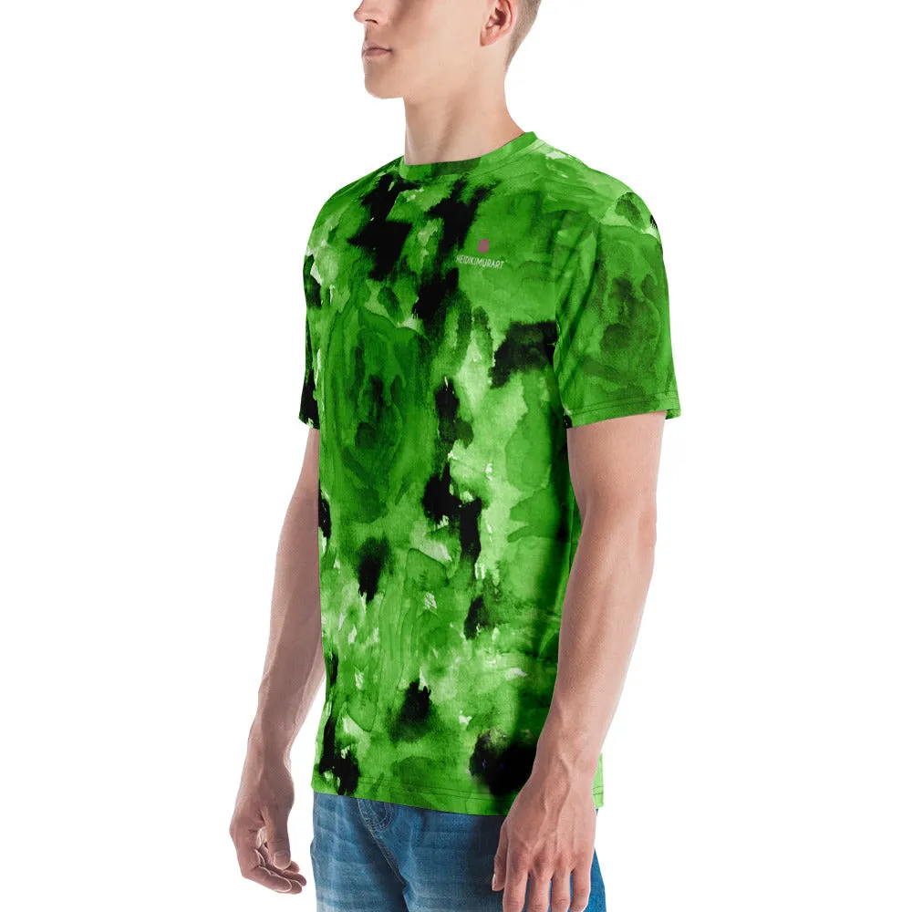 Green Floral Men's T-shirt, Abstract Flower Printed Luxury Tees For Men- Made in USA/EU/MX