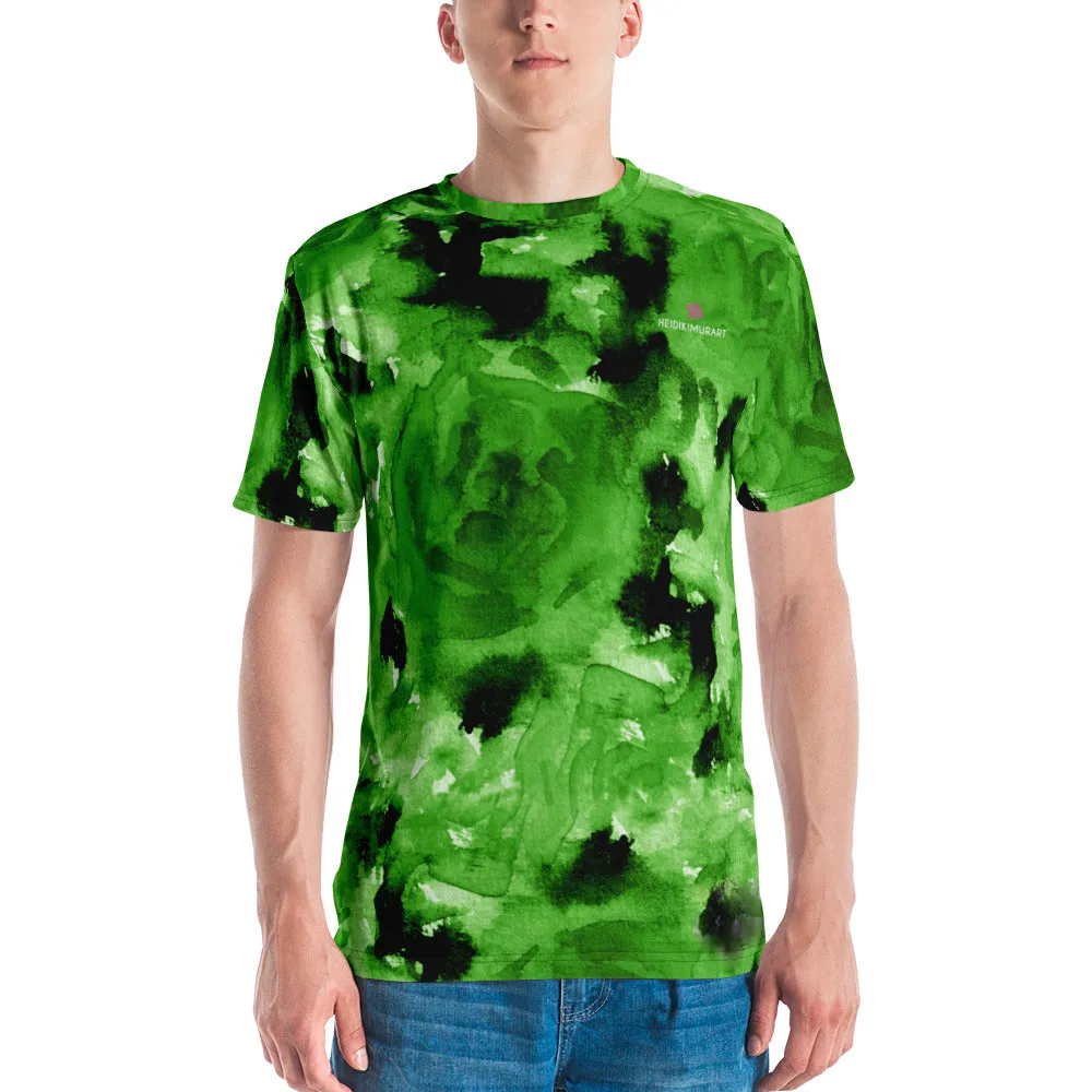 Green Floral Men's T-shirt, Abstract Flower Printed Luxury Tees For Men- Made in USA/EU/MX