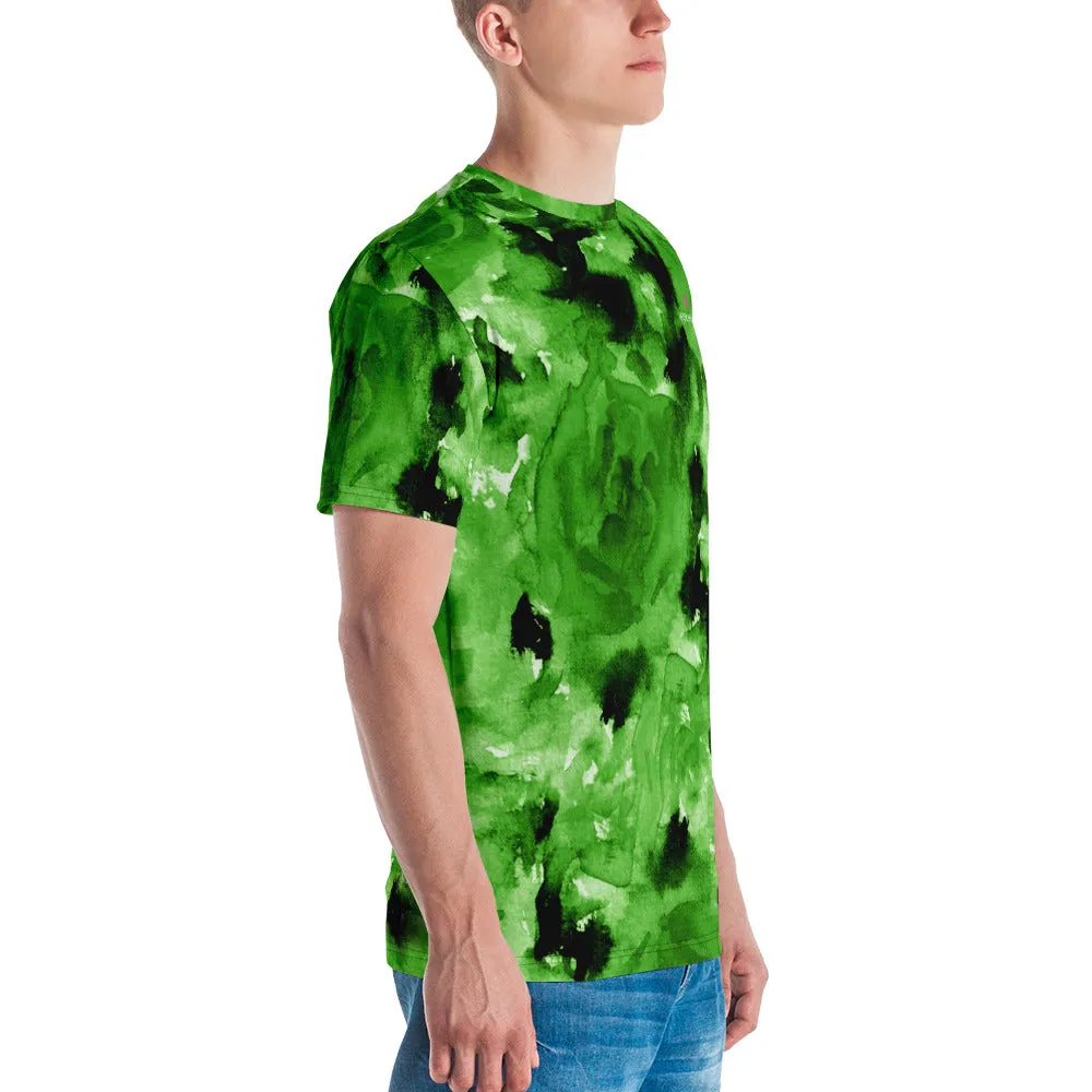 Green Floral Men's T-shirt, Abstract Flower Printed Luxury Tees For Men- Made in USA/EU/MX