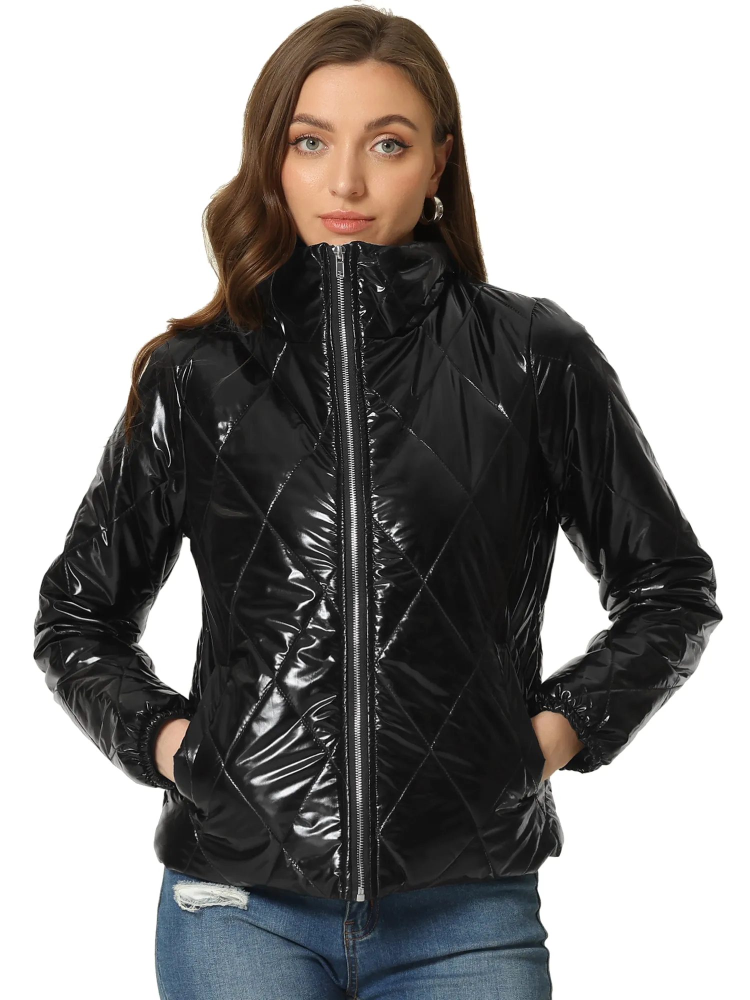 Holographic Shiny Zipper Metallic Down Puffer Jacket