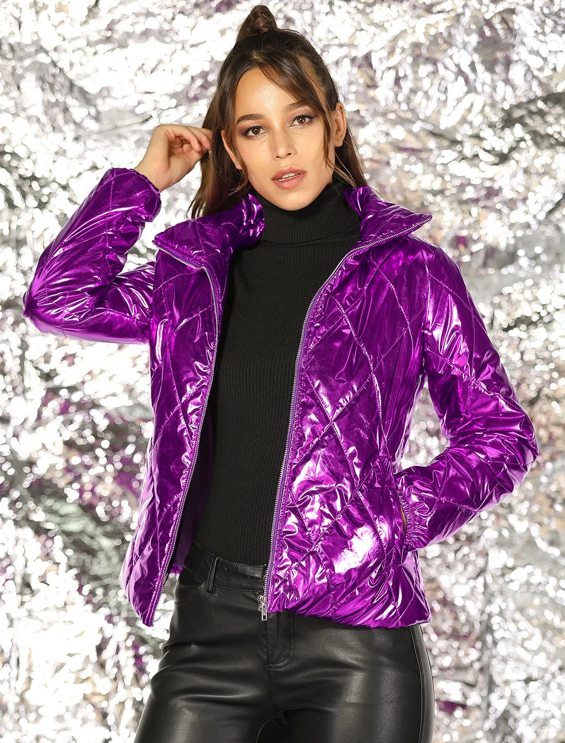 Holographic Shiny Zipper Metallic Down Puffer Jacket