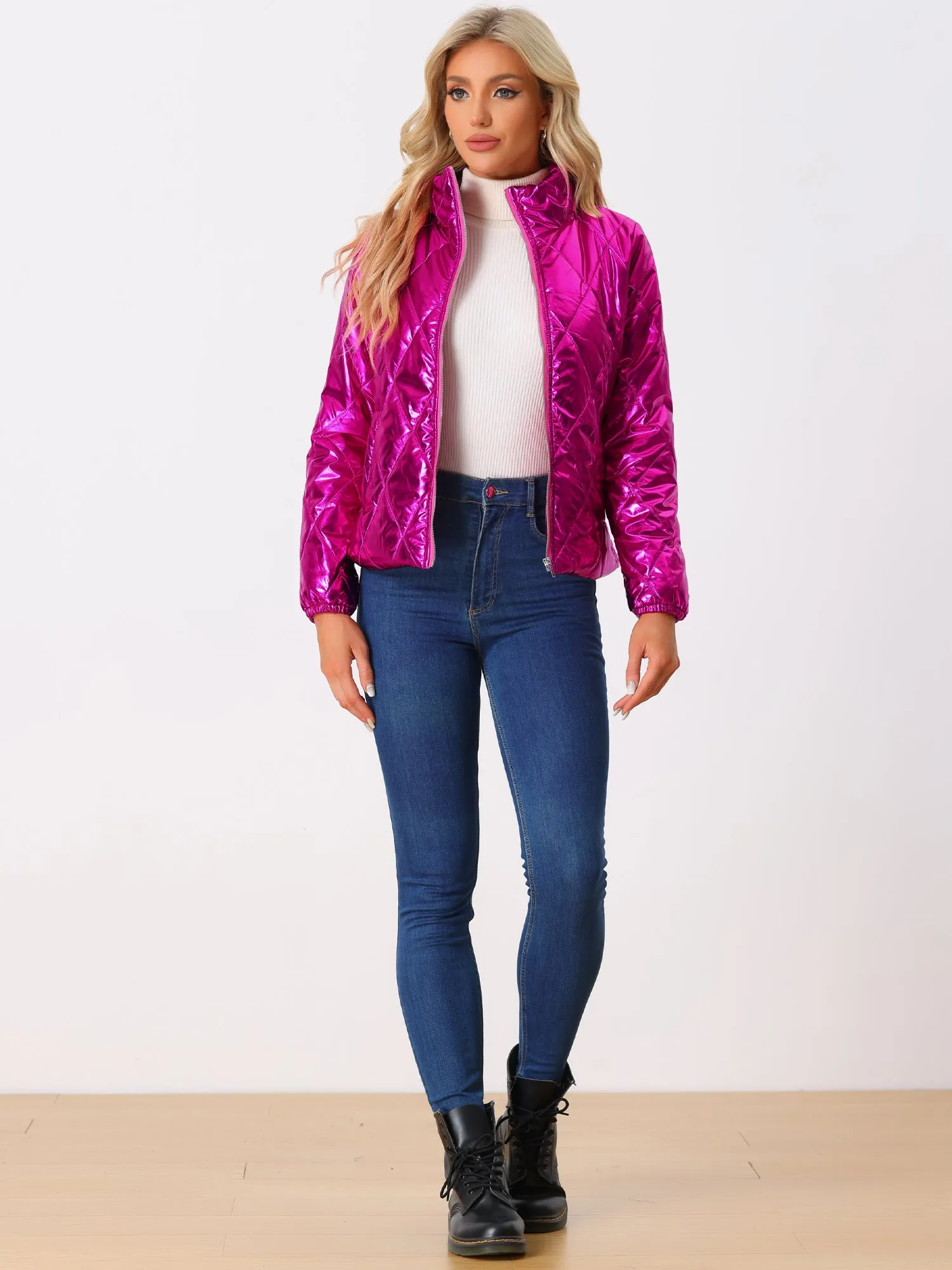 Holographic Shiny Zipper Metallic Down Puffer Jacket