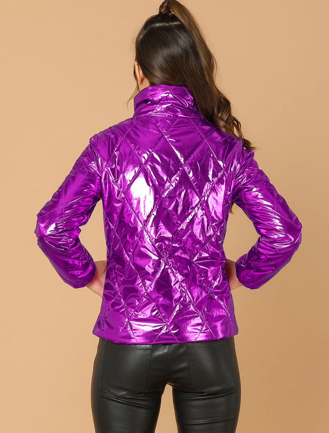 Holographic Shiny Zipper Metallic Down Puffer Jacket