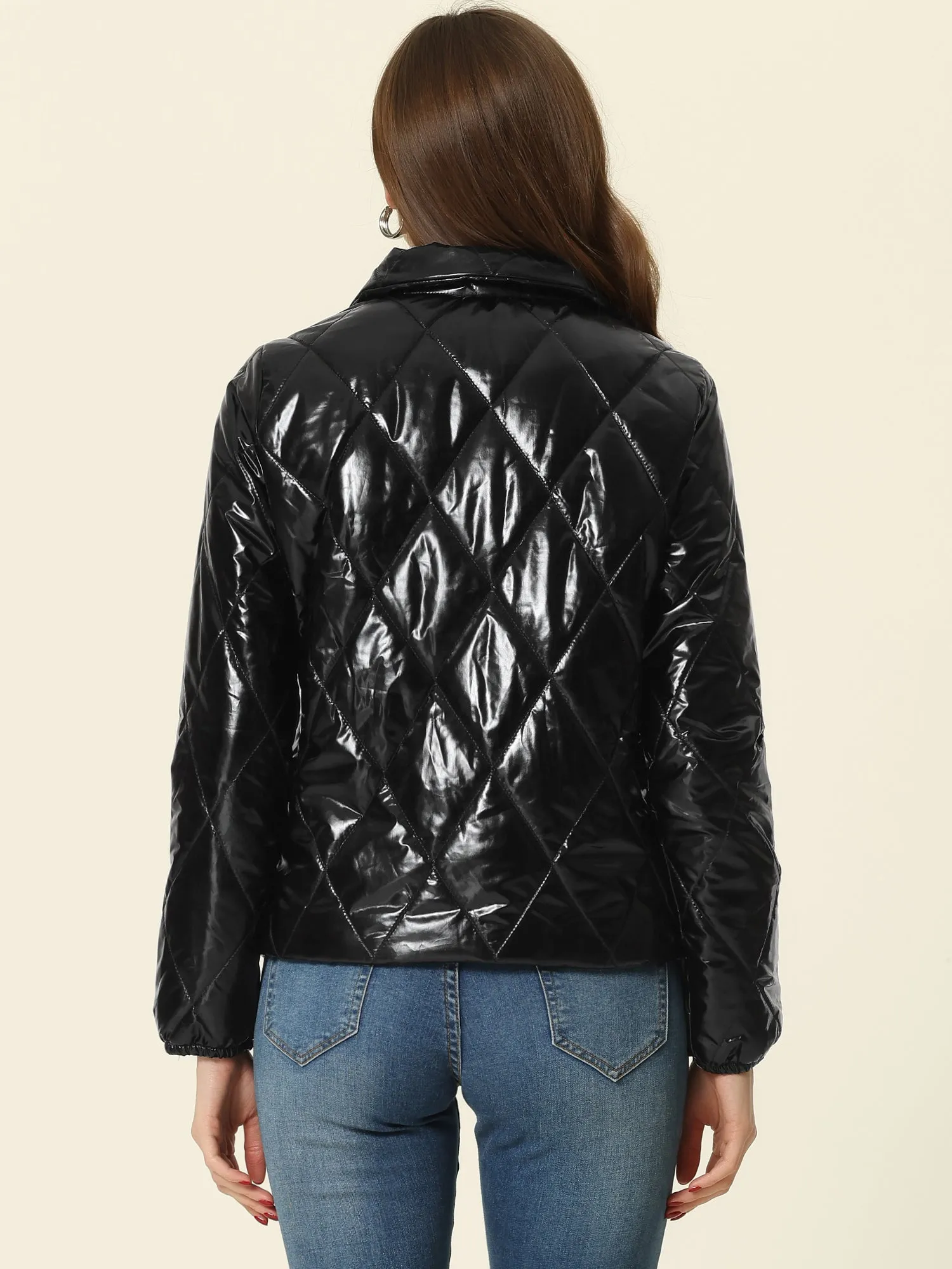 Holographic Shiny Zipper Metallic Down Puffer Jacket