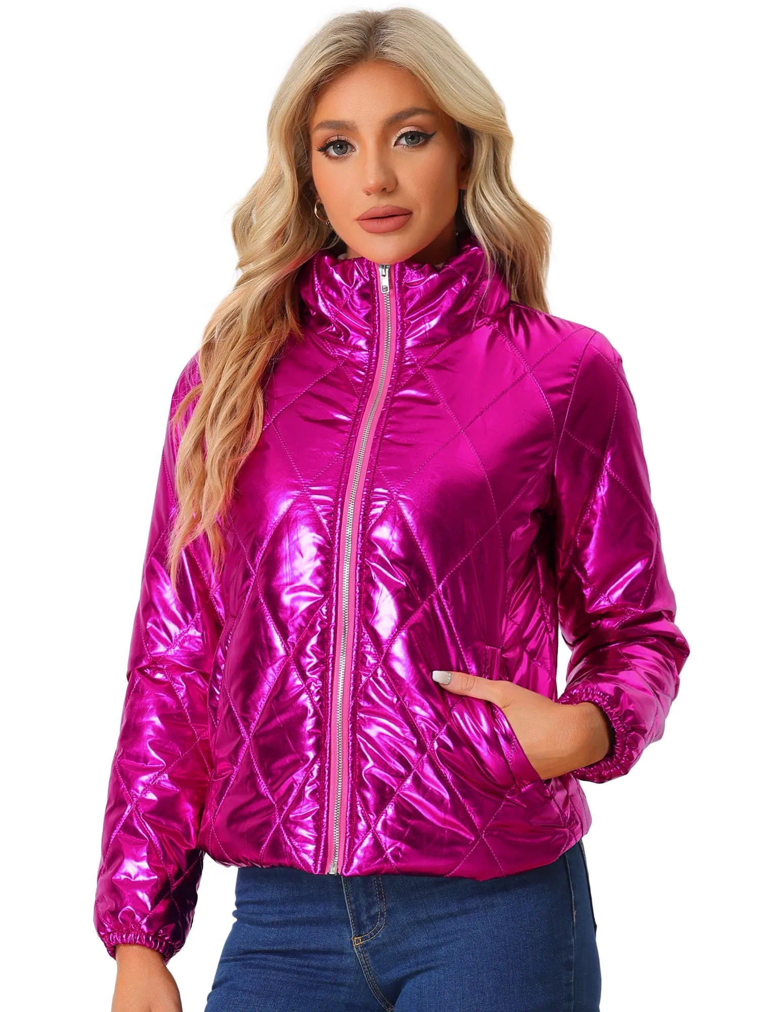 Holographic Shiny Zipper Metallic Down Puffer Jacket