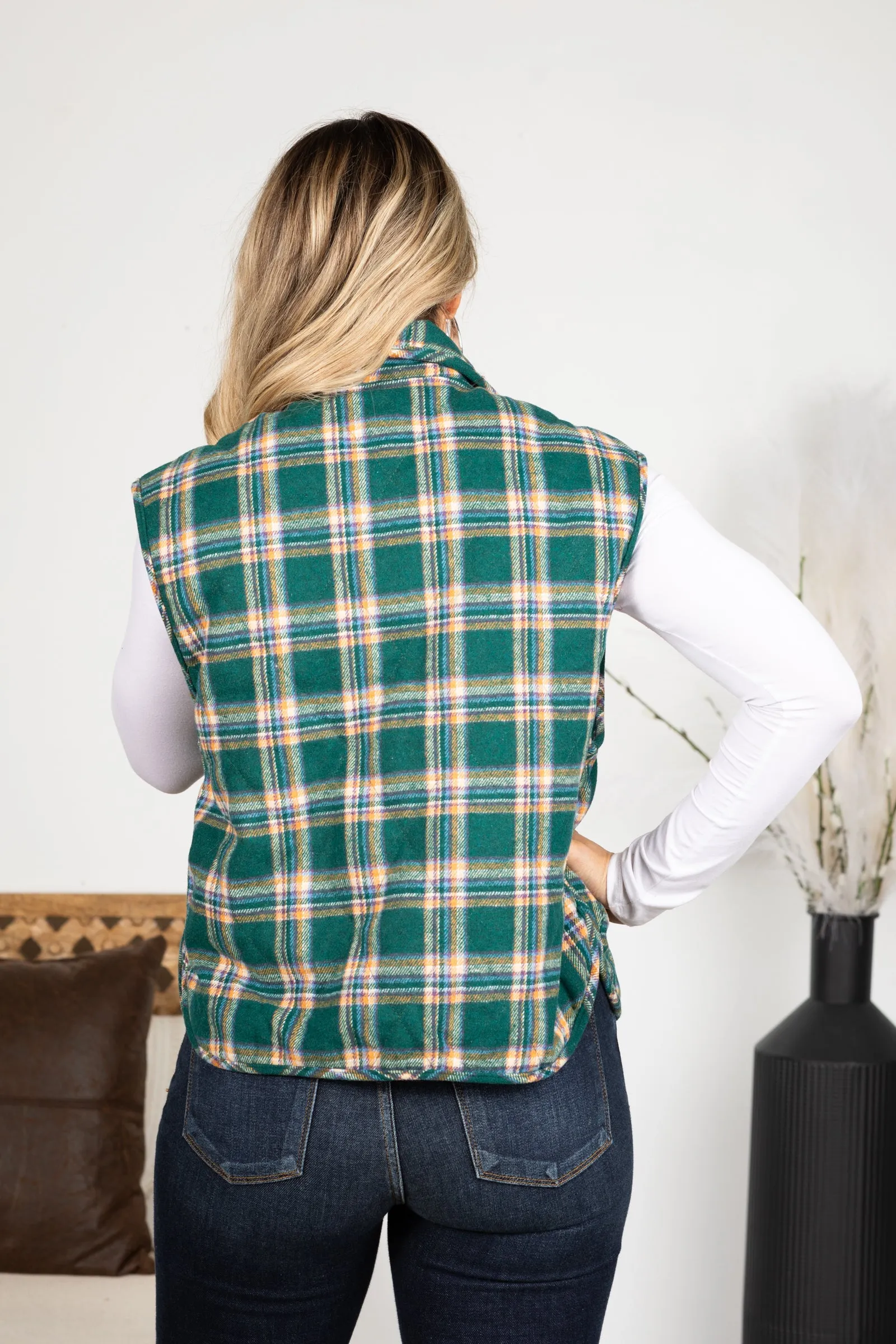 Hunter Green Plaid Snap Button Vest