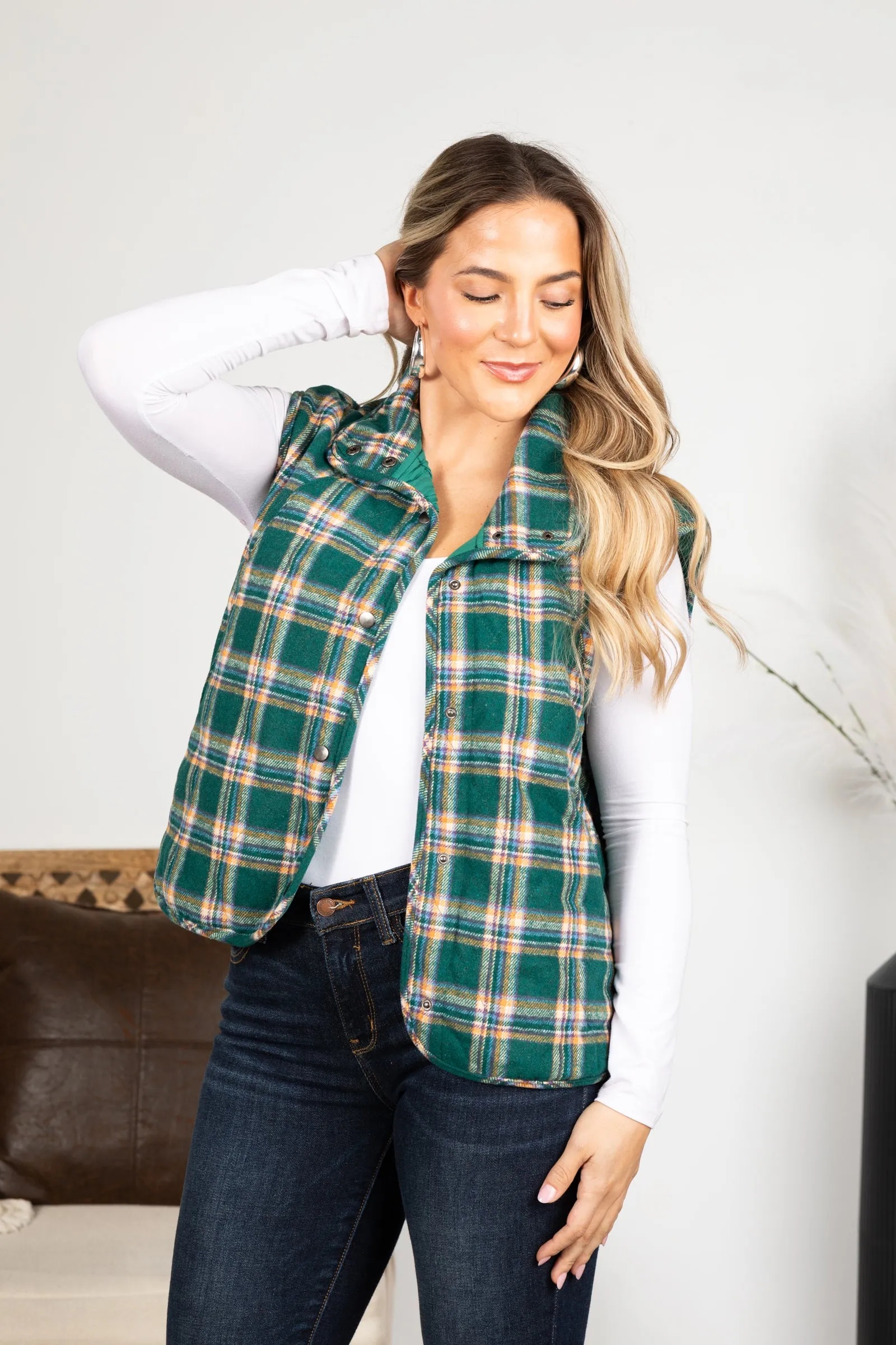 Hunter Green Plaid Snap Button Vest