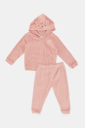 Infant Girls Pink Hooded Zip-Front Active Jog Suit (2 Piece)