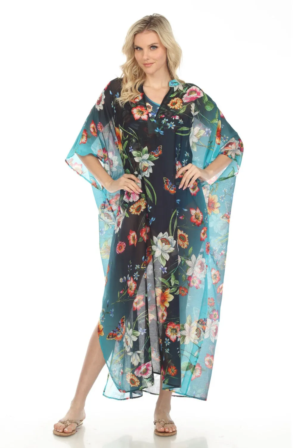 Johnny Was Ombre Garden Black Swim Cover-Up Long Kaftan Dress Boho Chic CSW7923-Y