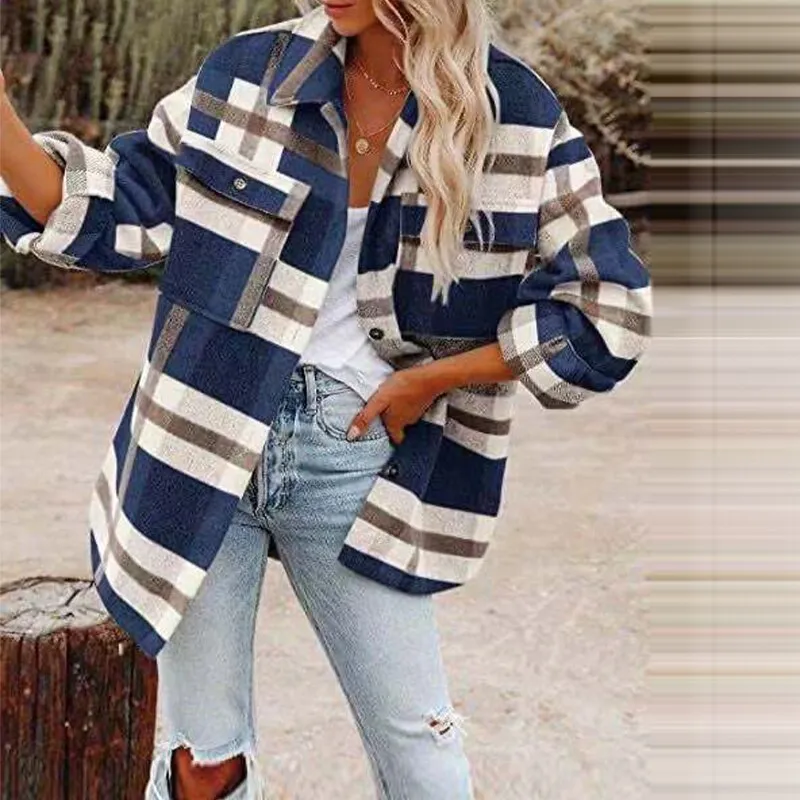 Joskaa Graduation Gift  2024 Winter Plaid Woolen Shirt Coat Women's Casual Long Sleeve Single Breasted Turndown Collar Coat Warm Female Pocket Overcoat