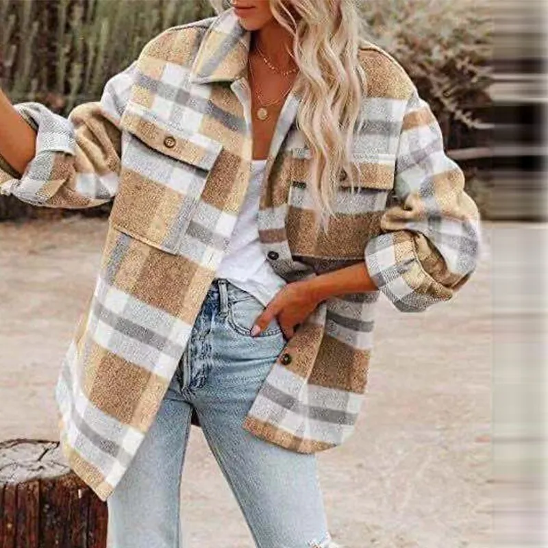 Joskaa Graduation Gift  2024 Winter Plaid Woolen Shirt Coat Women's Casual Long Sleeve Single Breasted Turndown Collar Coat Warm Female Pocket Overcoat