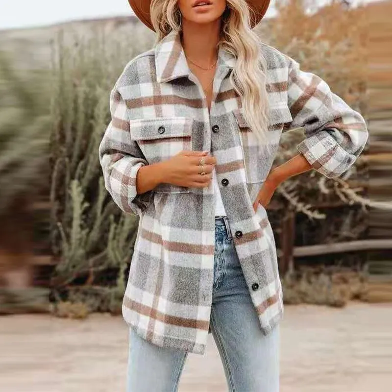 Joskaa Graduation Gift  2024 Winter Plaid Woolen Shirt Coat Women's Casual Long Sleeve Single Breasted Turndown Collar Coat Warm Female Pocket Overcoat