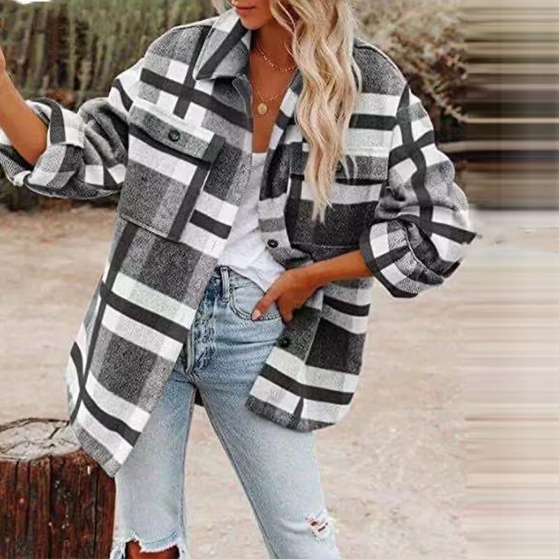 Joskaa Graduation Gift  2024 Winter Plaid Woolen Shirt Coat Women's Casual Long Sleeve Single Breasted Turndown Collar Coat Warm Female Pocket Overcoat