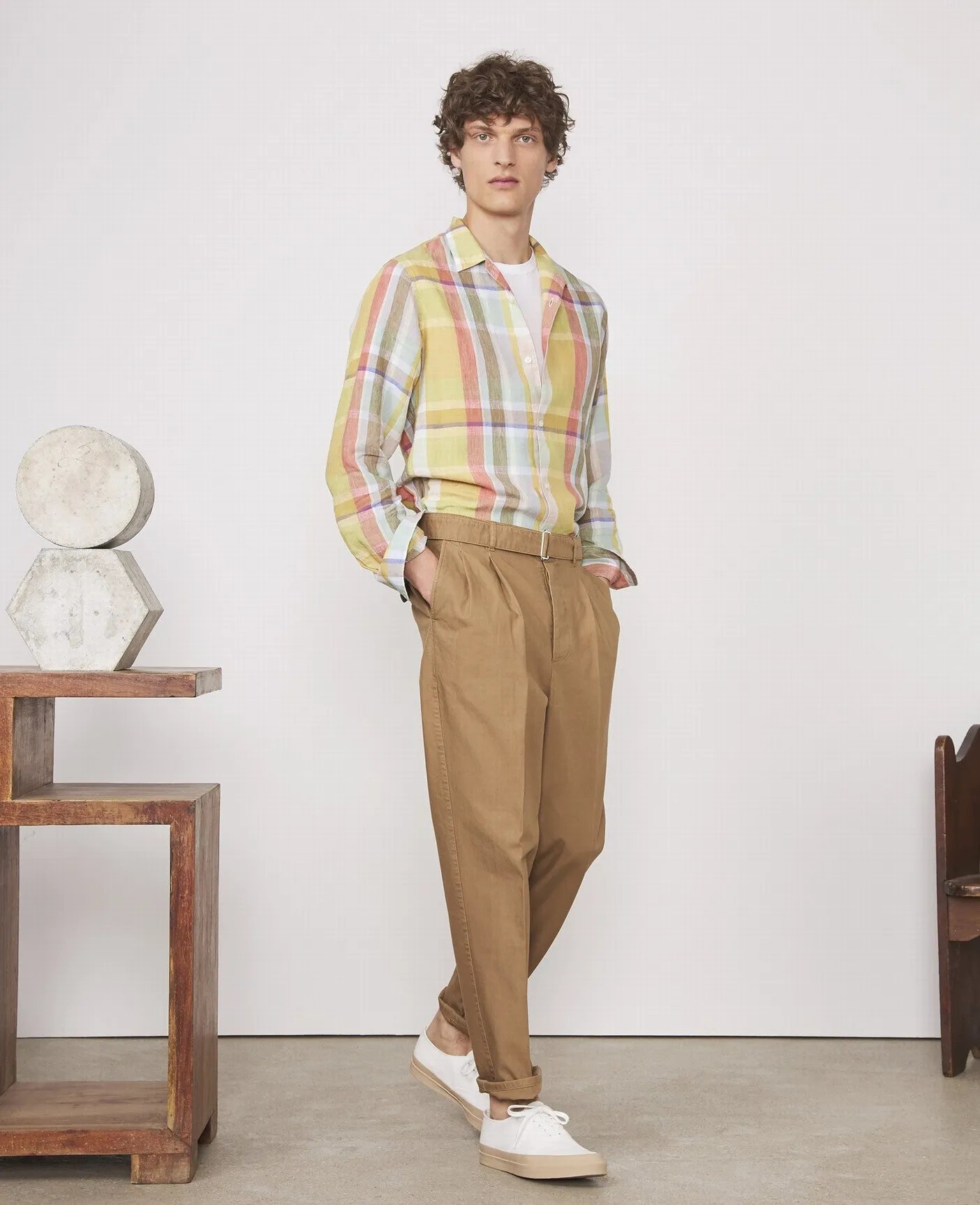 Js No Piping Japanese Linen Shirt - White/Yellow/Green