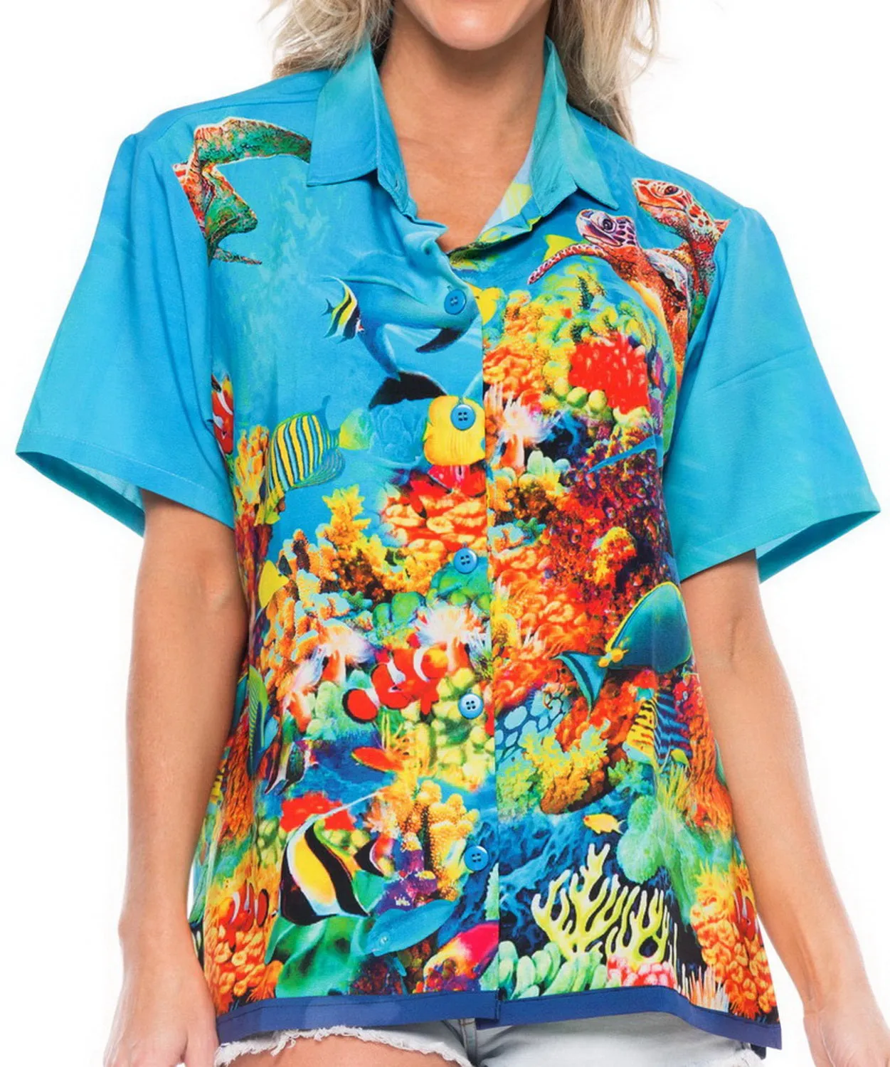 LA LEELA Likre Beach Sealife Turtle Sea Aquarium Print Tops Women's Camp Shirt Blue 445